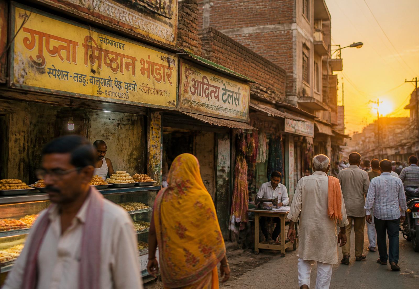 Shopkeepers and customers on a busy market street in Bihar at golden hour